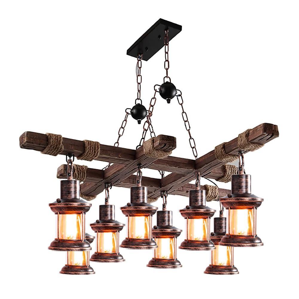 Rustic wood chandelier product image with clear glass lantern shades.