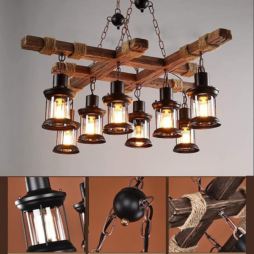 Rustic wood chandelier front view showing cross beam structure and glass lantern lights.