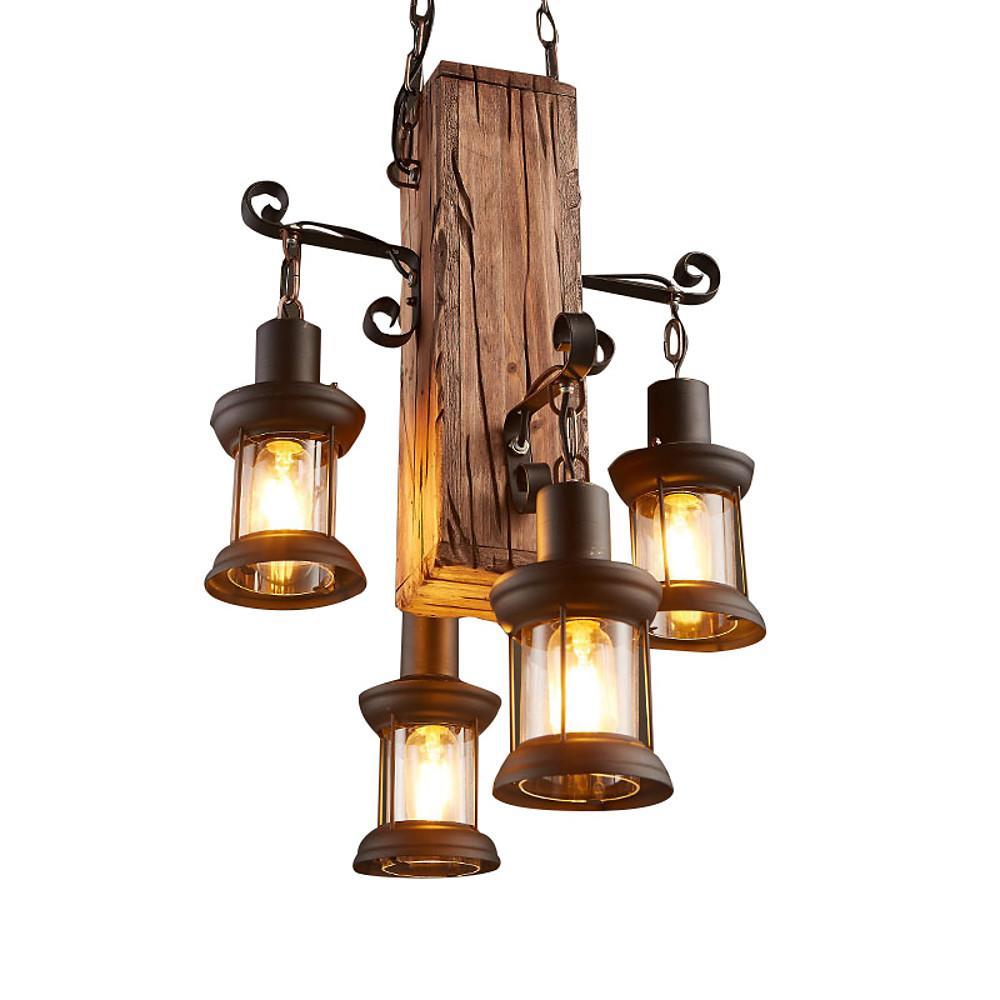 Rustic wood chandelier isolated on white background featuring vintage lantern-style lights.