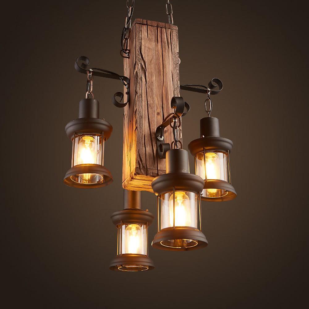 Rustic wood chandelier with solid wooden beam and multiple hanging lantern lights.