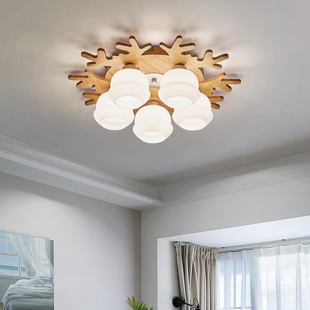 Globes Cluster Modern Wood Glass LED Flush Mount Ceiling Lights for Bedroom