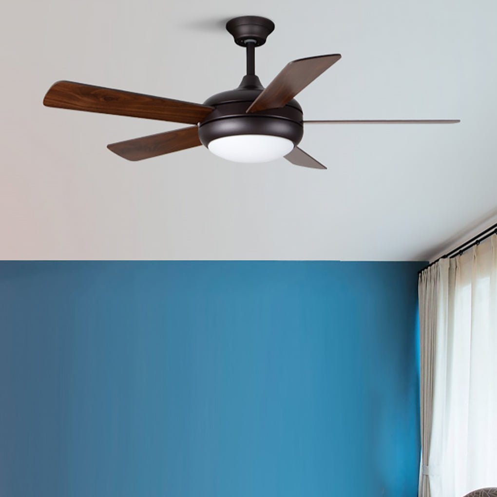 Semi-flush mount ceiling fan with light, close-up of the light fixture and blades.