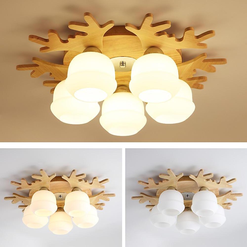 Globes Cluster Modern Wood Glass LED Flush Mount Ceiling Lights for Bedroom