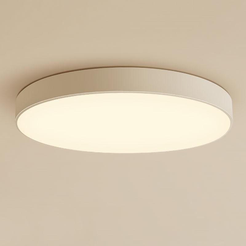 Simple flush mount ceiling light installed on ceiling with soft ambient glow.