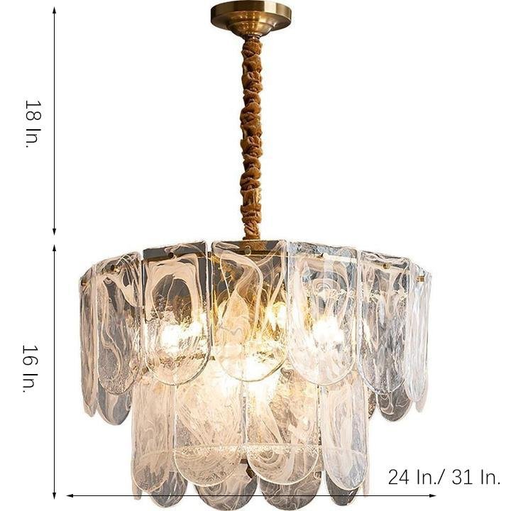 Detailed size guide for the glass drum chandelier displaying exact dimensions and tiered glass.