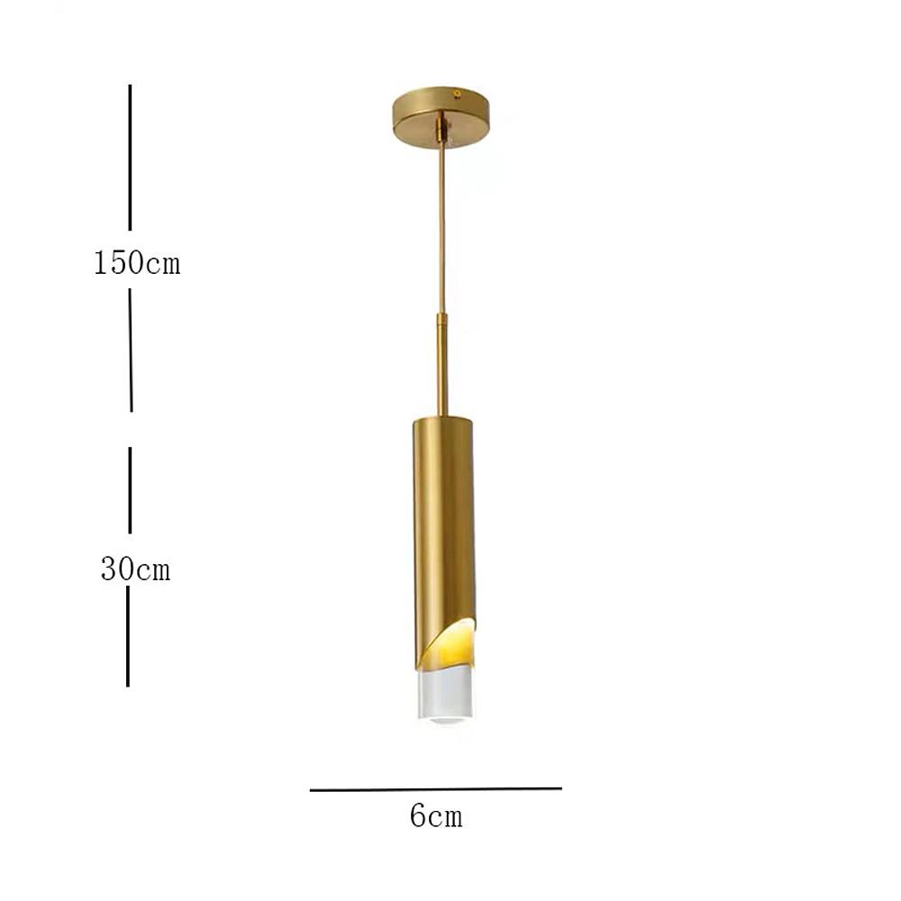 Slanted Gold Cylinder Pendant light dimension chart showing 150cm cord and 30cm body length.