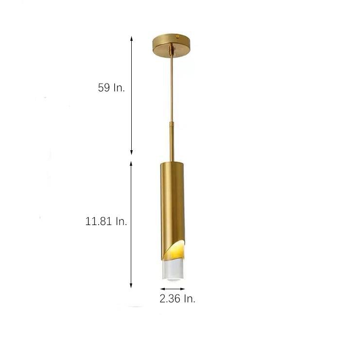 Slanted Gold Cylinder Pendant light size chart in inches with 59 in. cord and 11.81 in. body.