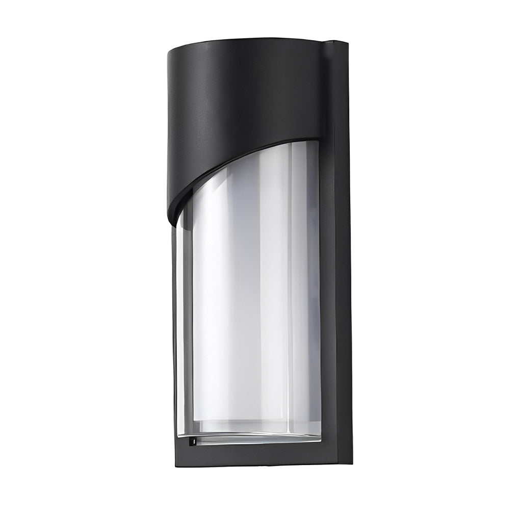 Black outdoor wall light with sleek design on white wall near plants.