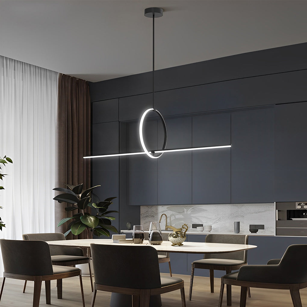 Sleek geometric pendant light fixture illuminating a dining table in a stylish, modern dining room.