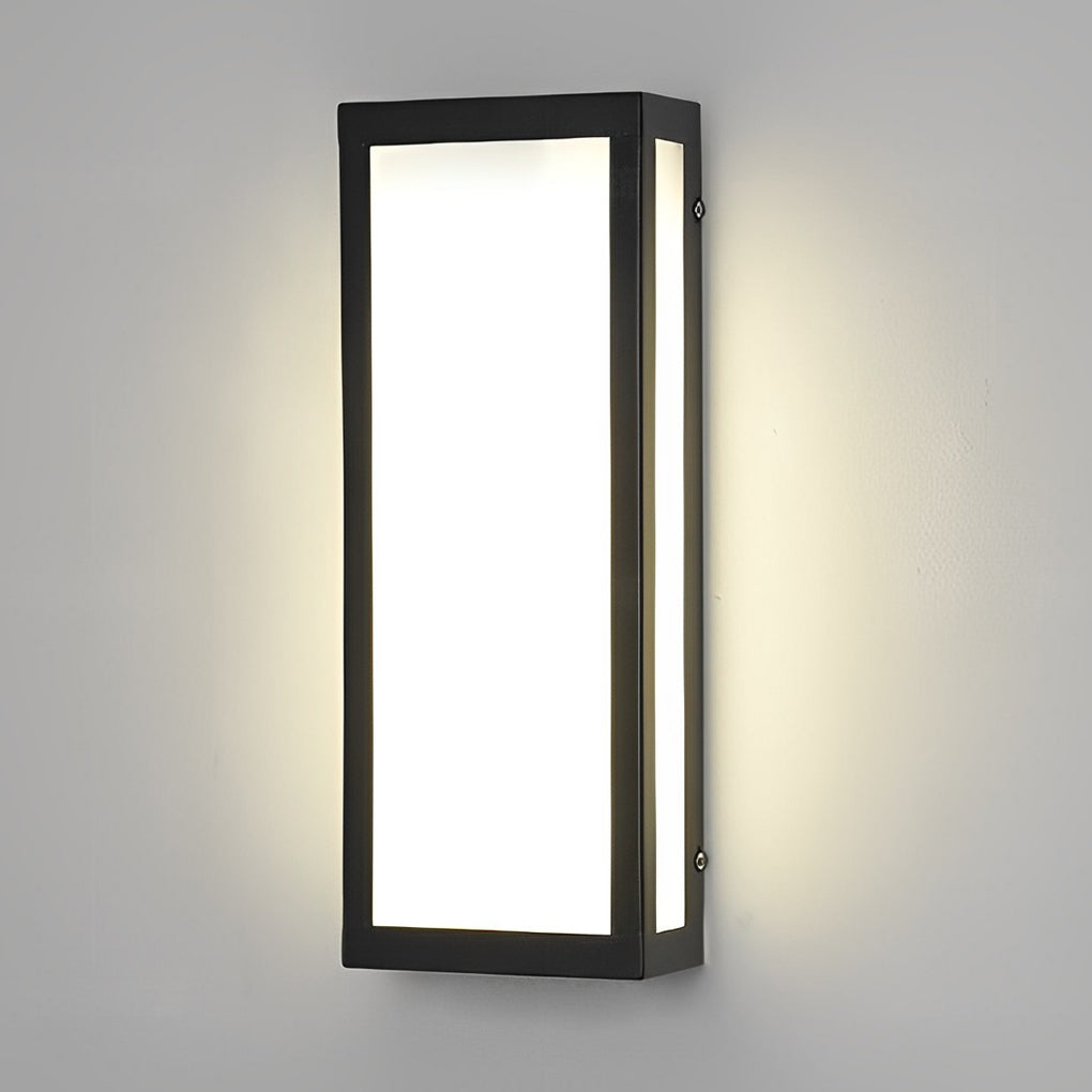 Rectangle outdoor wall lighting with sleek design on textured exterior wall.