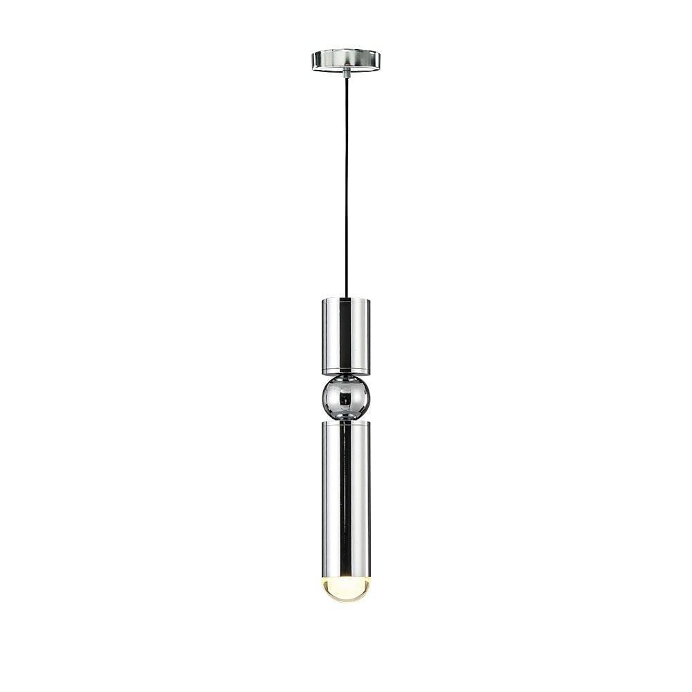 Sleek single chrome cylinder pendant light with sphere detail isolated on a white background.
