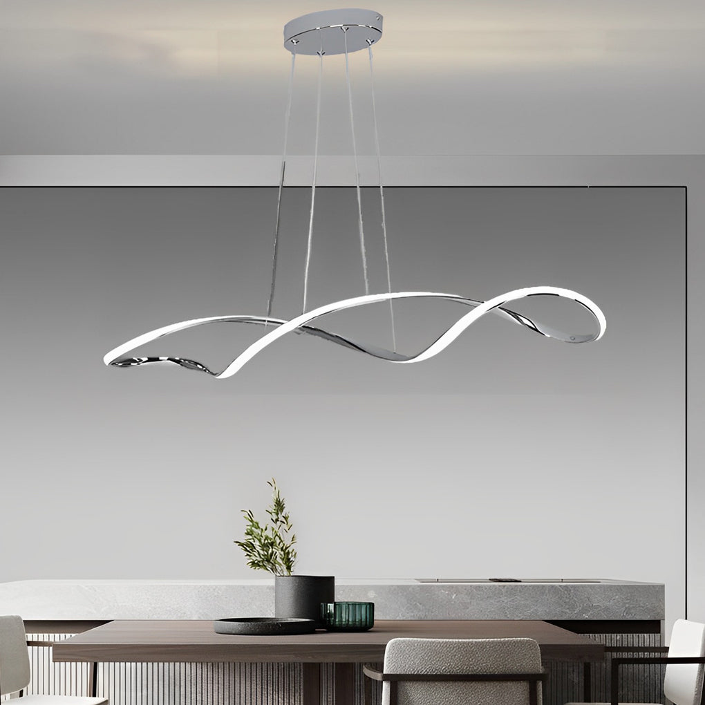 Waveform pendant light with sleek design hanging above dining table in minimalist room.