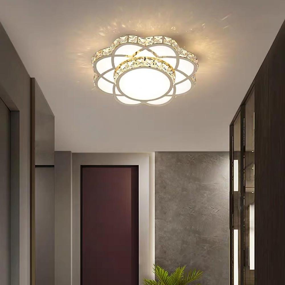 Small crystal flush mount ceiling light in a modern interior hallway setting.