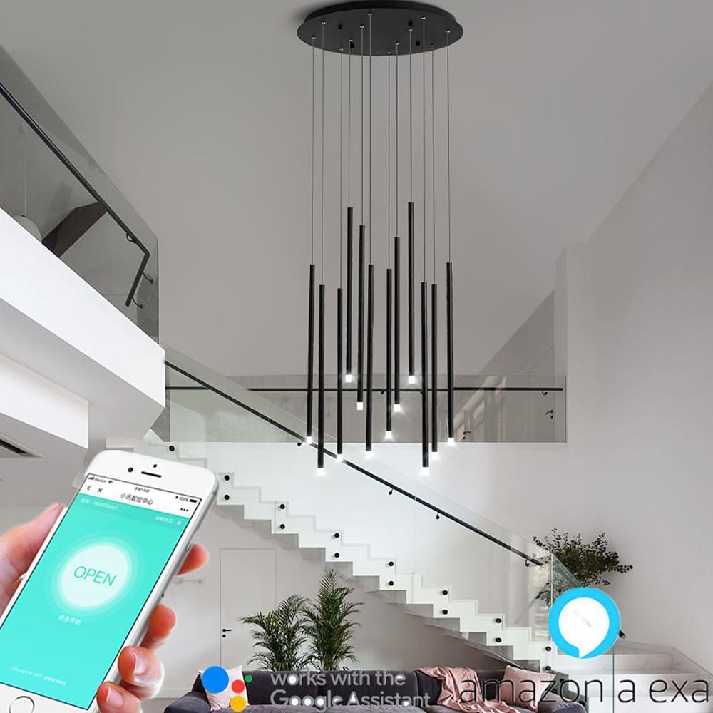 A smart black staircase chandelier with Google Assistant and Amazon Alexa app control settings.