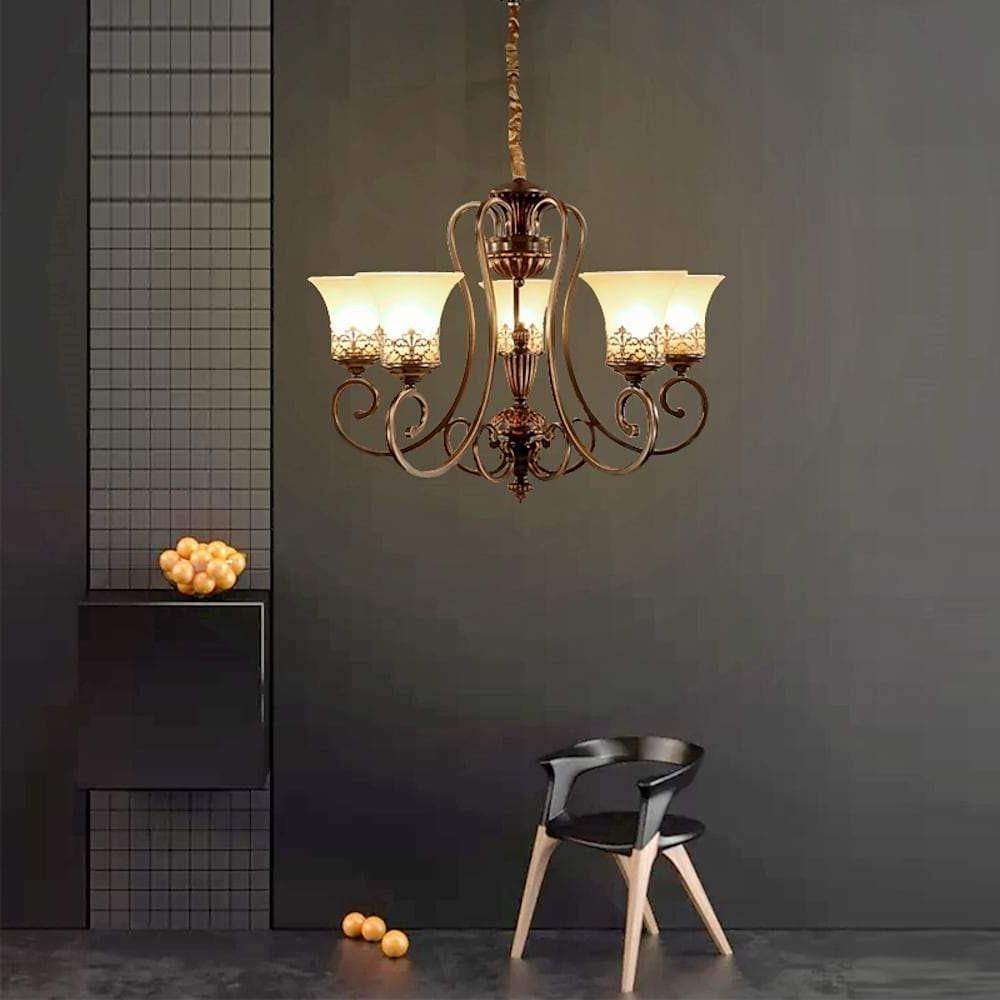 5 - light Bending Metal Bar Upside Down Glass Shade Vintage Chandelier Ceiling Light