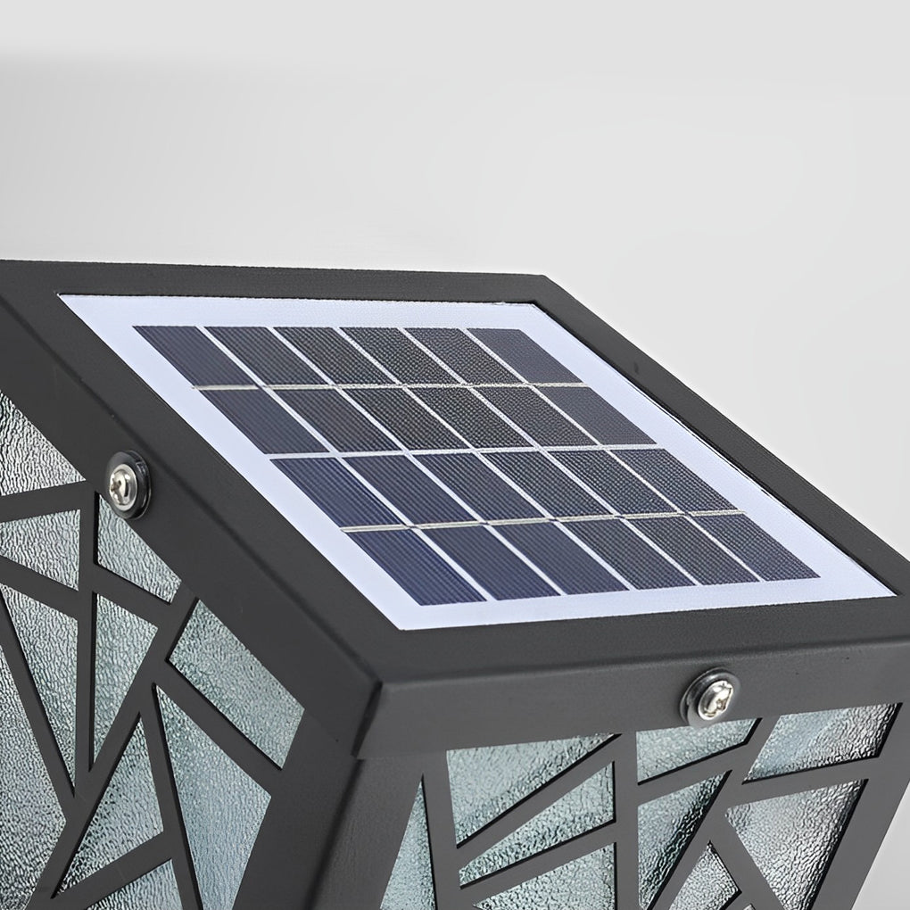 Solar bollard path lights with detailed view of its solar panel and structure.
