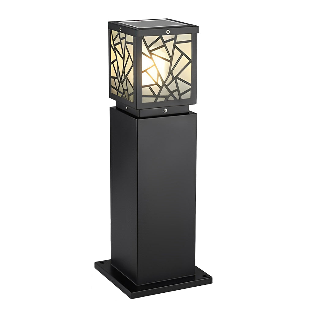 Solar bollard path lights with top view highlighting the unique geometric pattern.