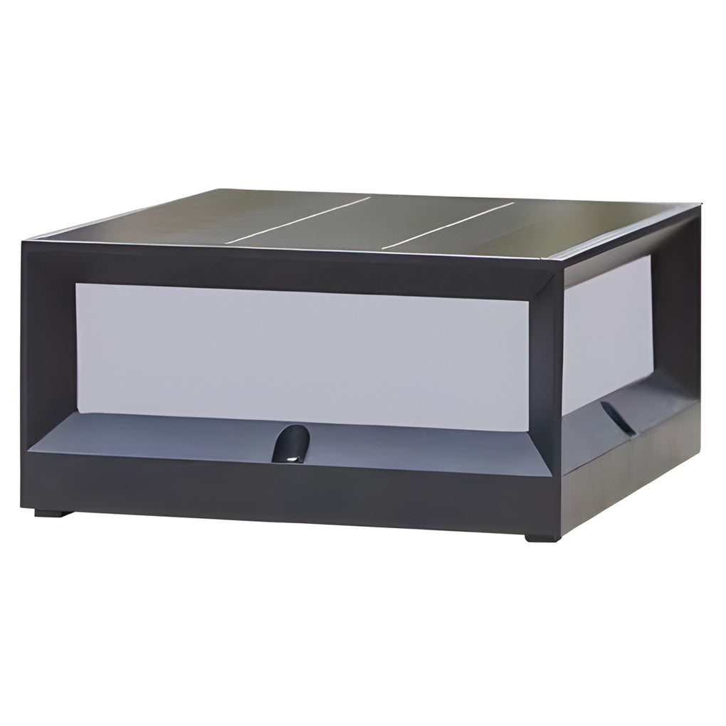 Solar garden pillar lights with black frame, bottom view showing mounting hole.