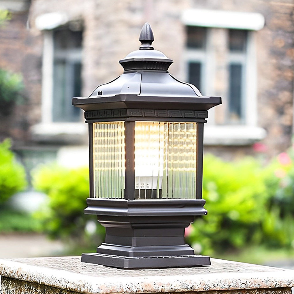 Solar garden post lights featuring a lantern-style design, enhancing curb appeal on a garden wall post.