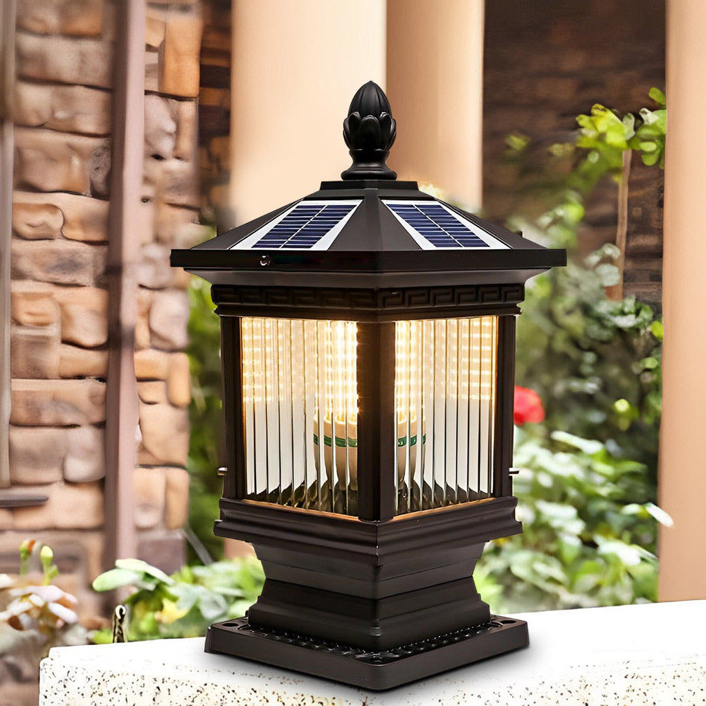 Solar garden post lights with integrated solar panel, placed on a porch column for traditional outdoor lighting.