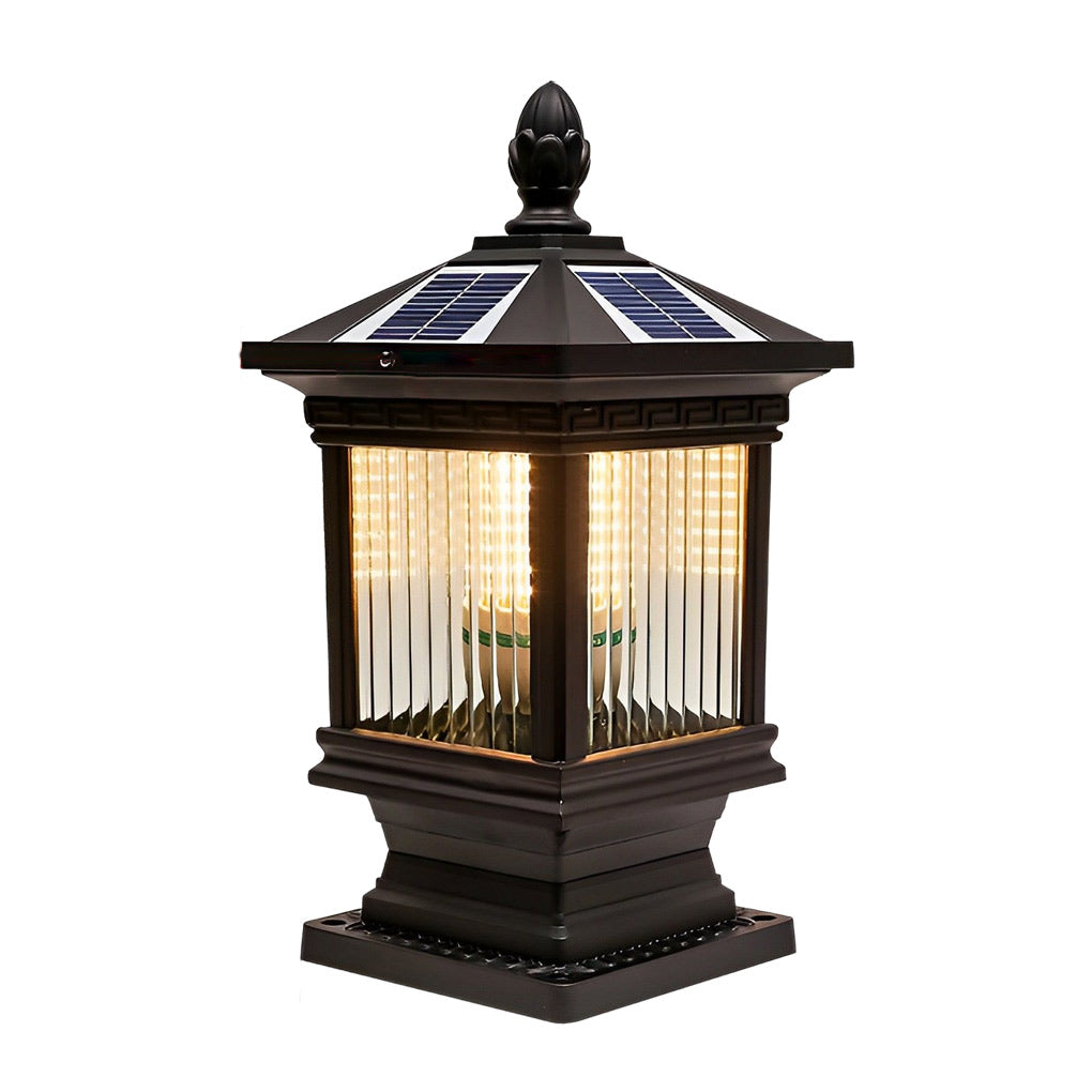 Solar garden post lights with visible solar panel on top, combining vintage lantern style with solar efficiency.