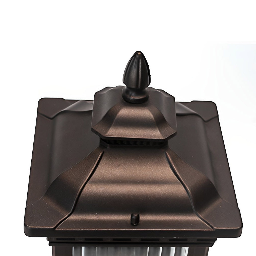 Solar garden post lights top view highlighting the decorative finial and classic lantern roof design.