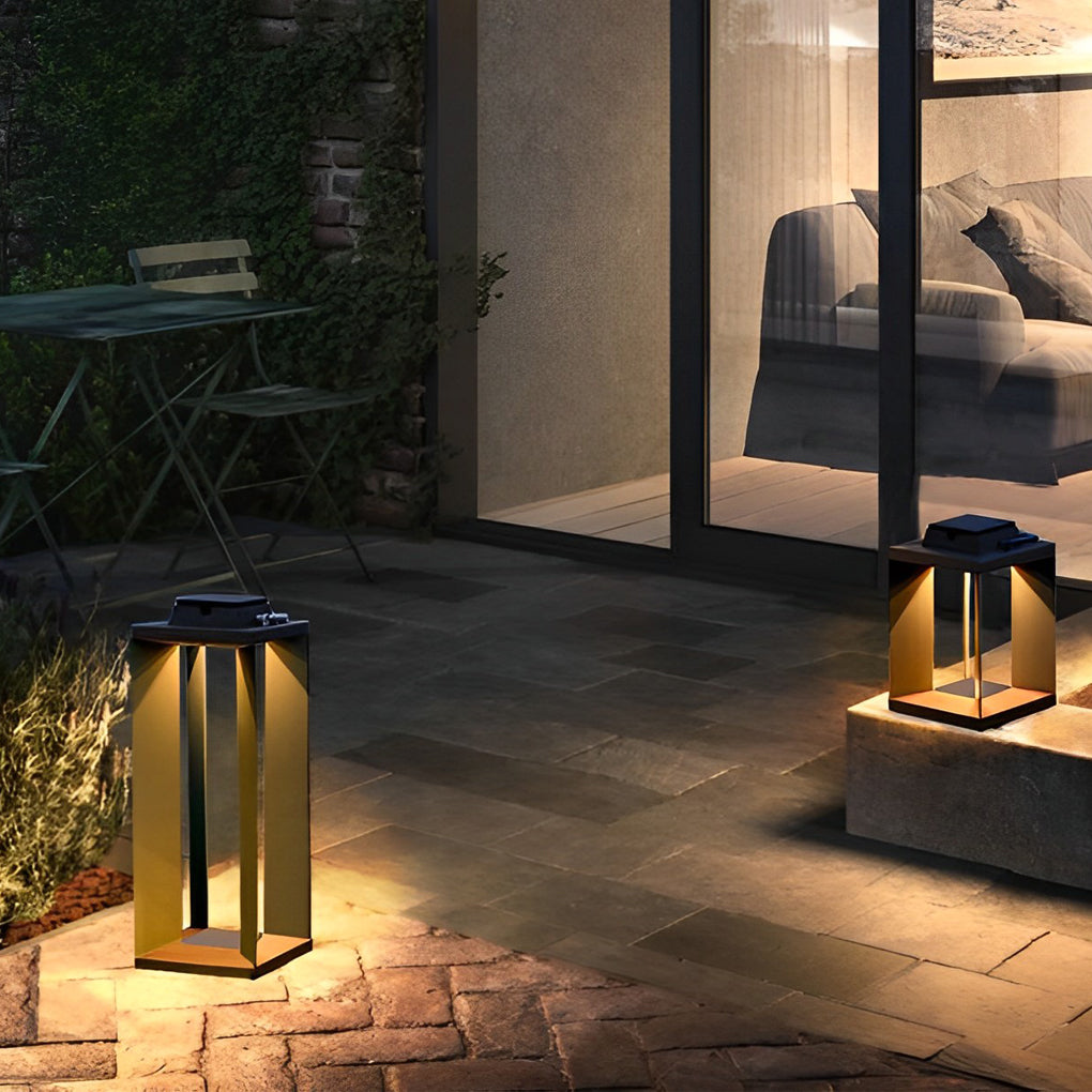 Tall solar lantern positioned beside a modern exterior doorway for entryway lighting.
