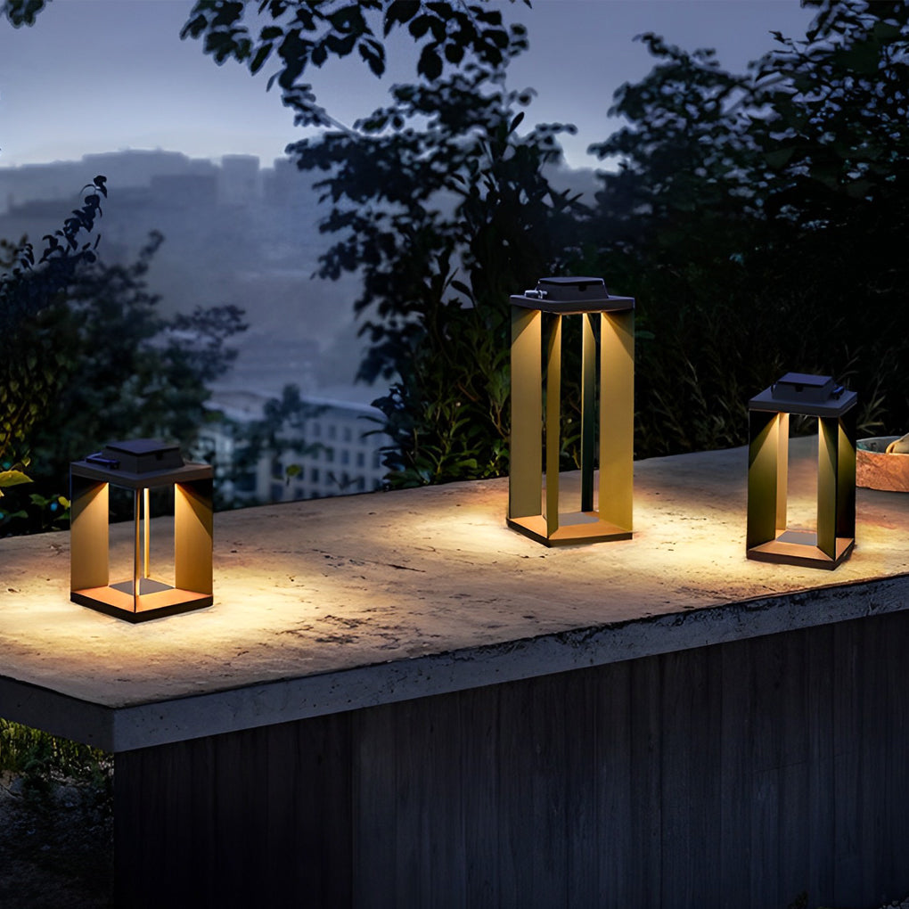 Group of portable solar lanterns arranged beside an outdoor pool with evening ambient glow.