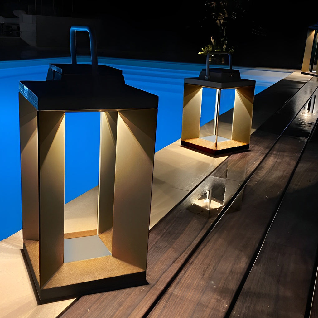 Portable solar lanterns displayed on a wooden deck near a pool with modern outdoor styling.
