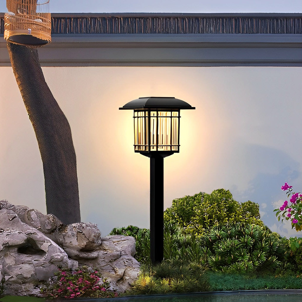 Solar outdoor lawn lights providing eco-friendly lighting in a serene garden environment.