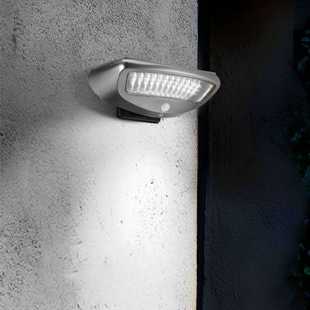 Solar powered motion sensor wall light with a close-up of its solar panel and LED lights.