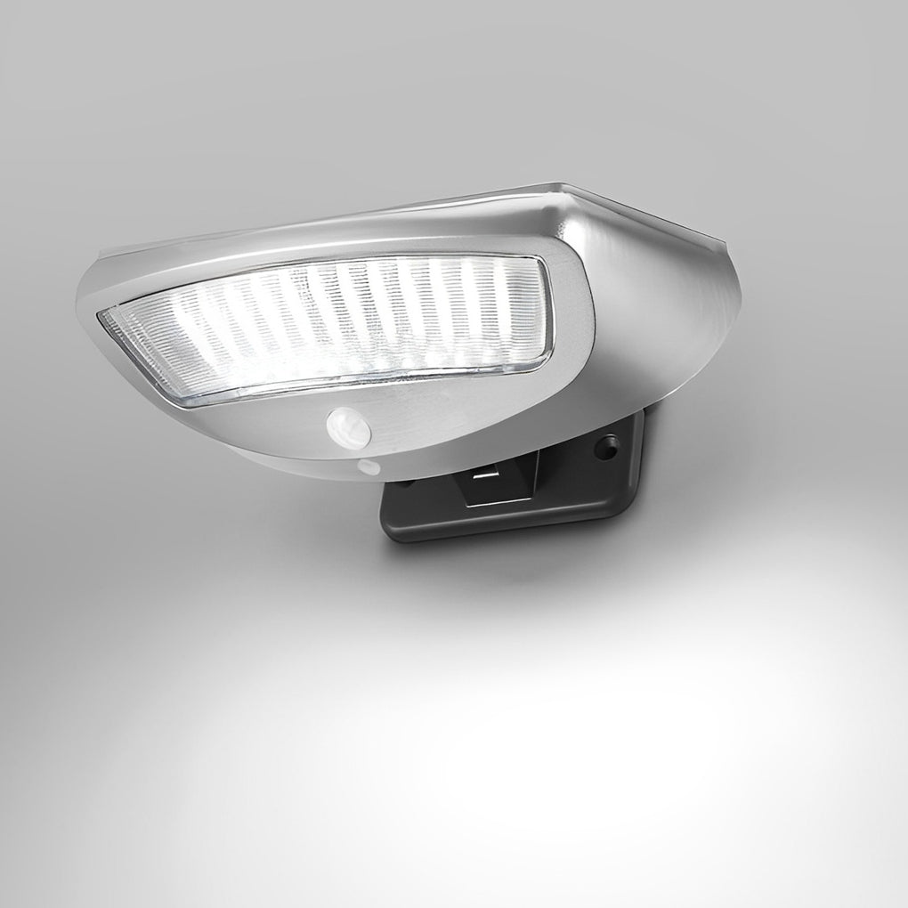 Solar powered motion sensor wall light with a close-up of its solar panel and modern design.