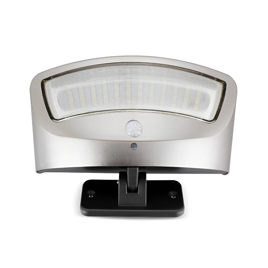 Solar powered motion sensor wall light with a detailed view of its waterproof construction.