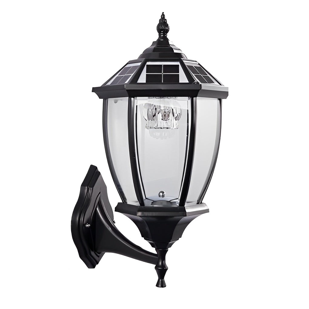 Solar powered pillar lights in black, front view of the minimalist design.