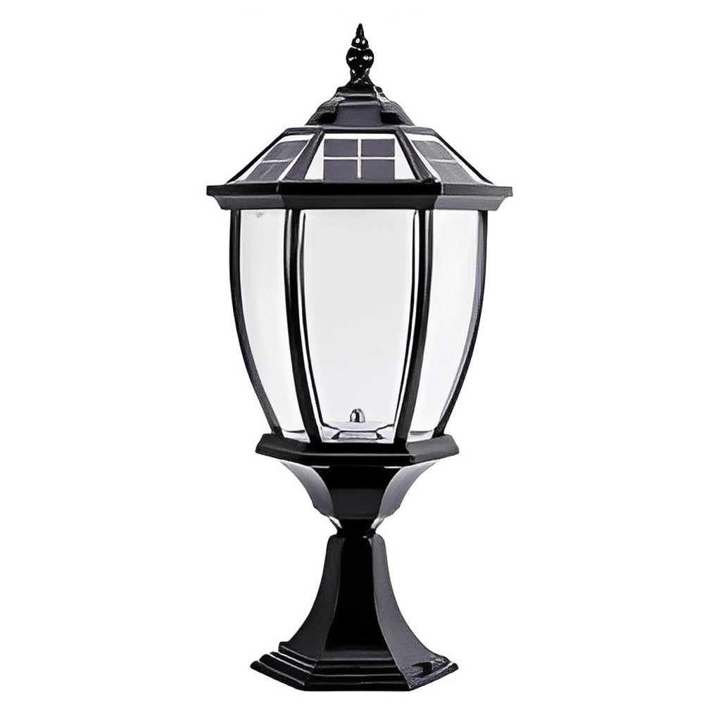 Solar powered pillar lights with a close-up of the solar panel and LED bulbs.