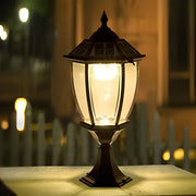 Solar powered pillar lights enhancing a modern outdoor space with classic design.