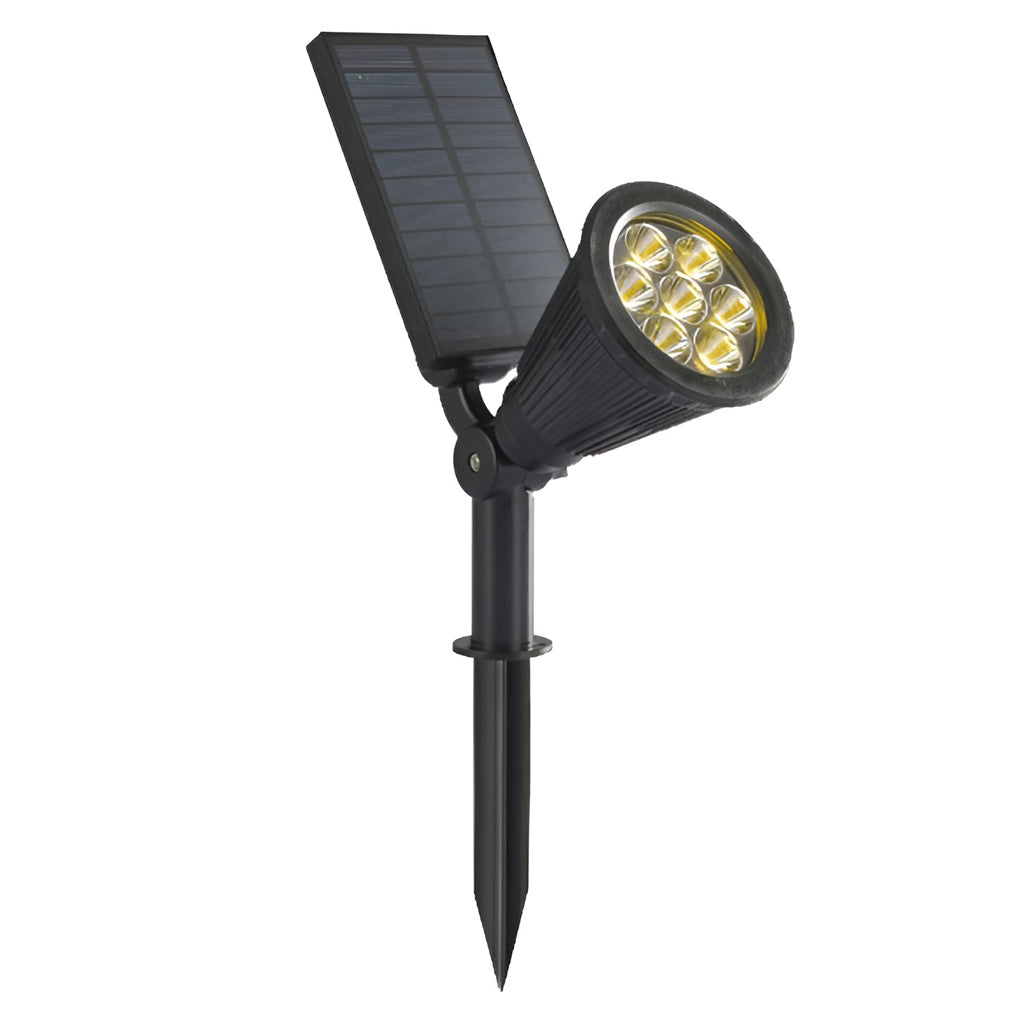 Solar powered spotlights with ground stake installed, adjustable outdoor spotlight suitable for garden and yard use.