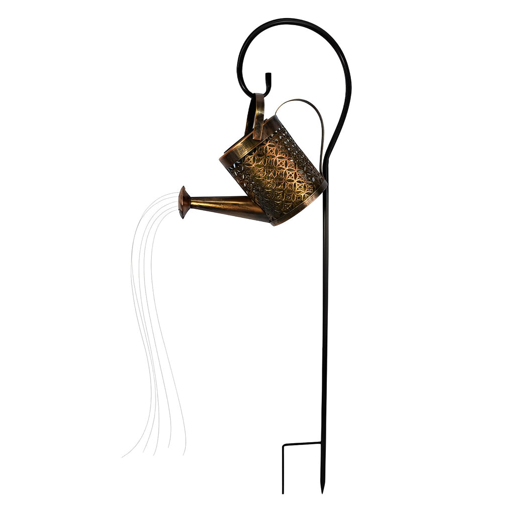 Solar watering can light with a black shepherd hook and cascading warm white fairy lights.