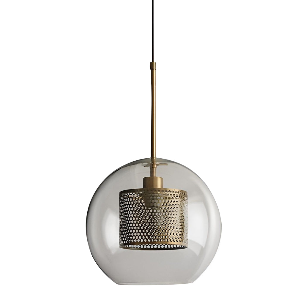 Spherical Clear Glass Globe Pendant with a brass mesh core on a professional white background.