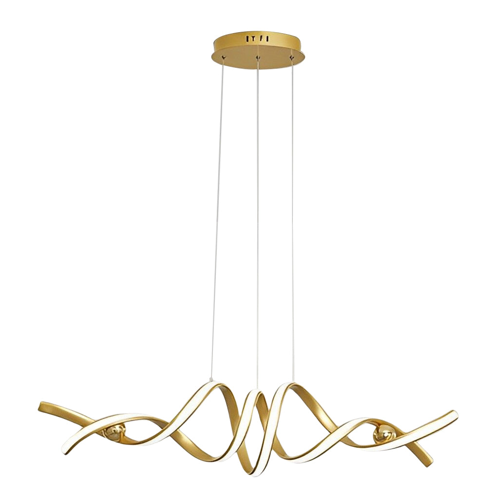 Close-up of gold spiral ceiling light ceiling canopy and suspension cables.