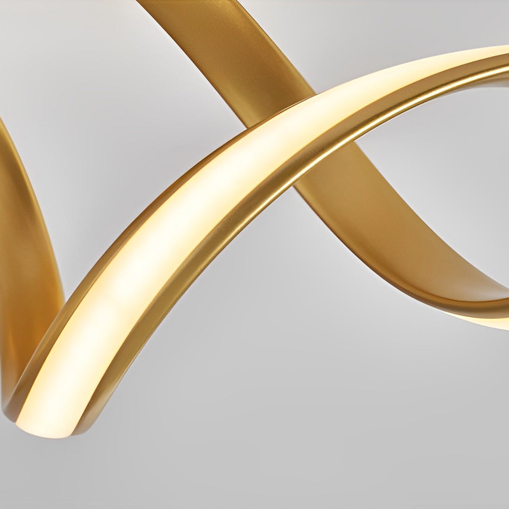 Close-up of spiral ceiling light showing curved LED light strip detail.
