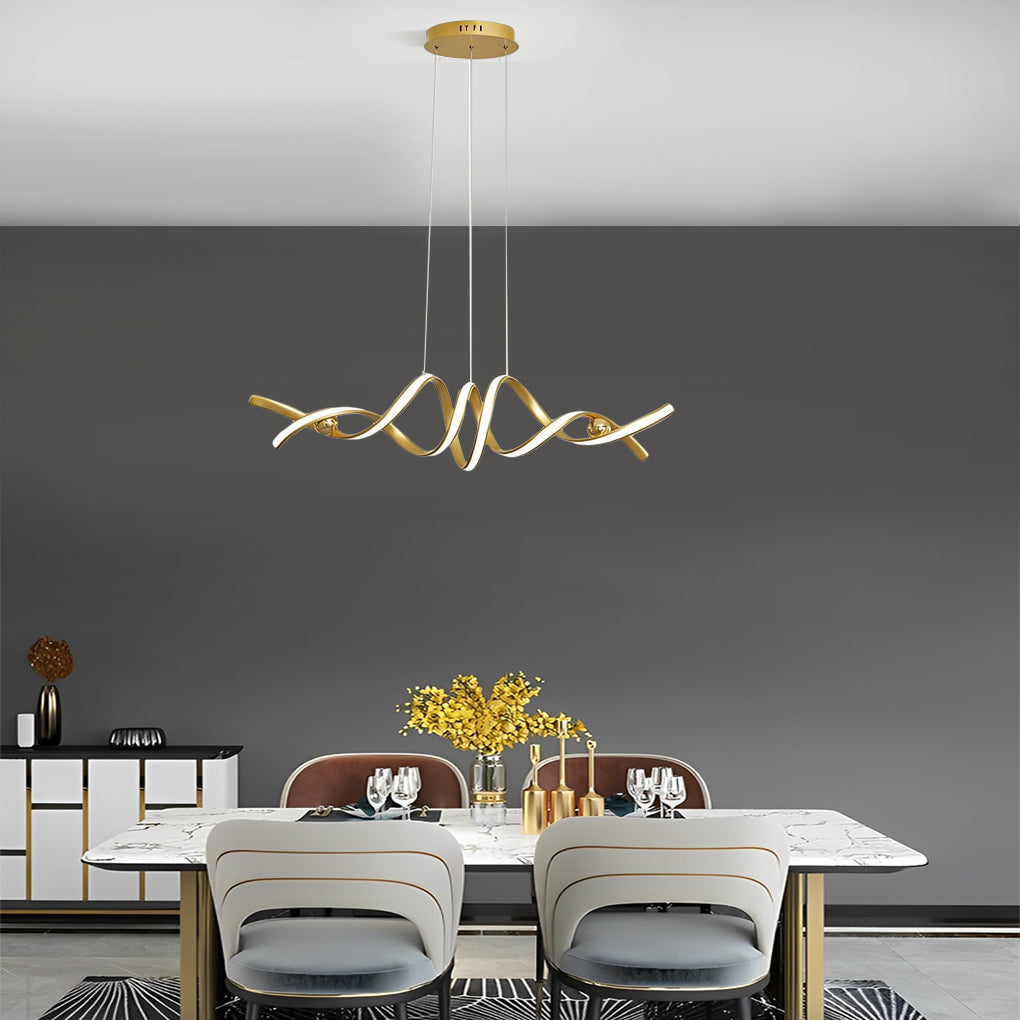 Spiral ceiling light illuminating a modern dining room with warm lighting.
