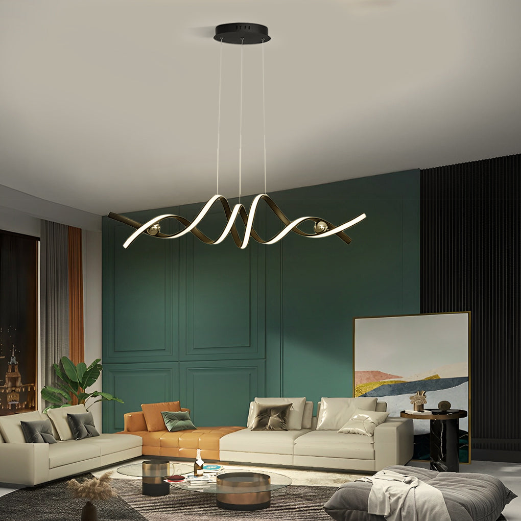 Spiral ceiling light suspended in a modern living room interior.