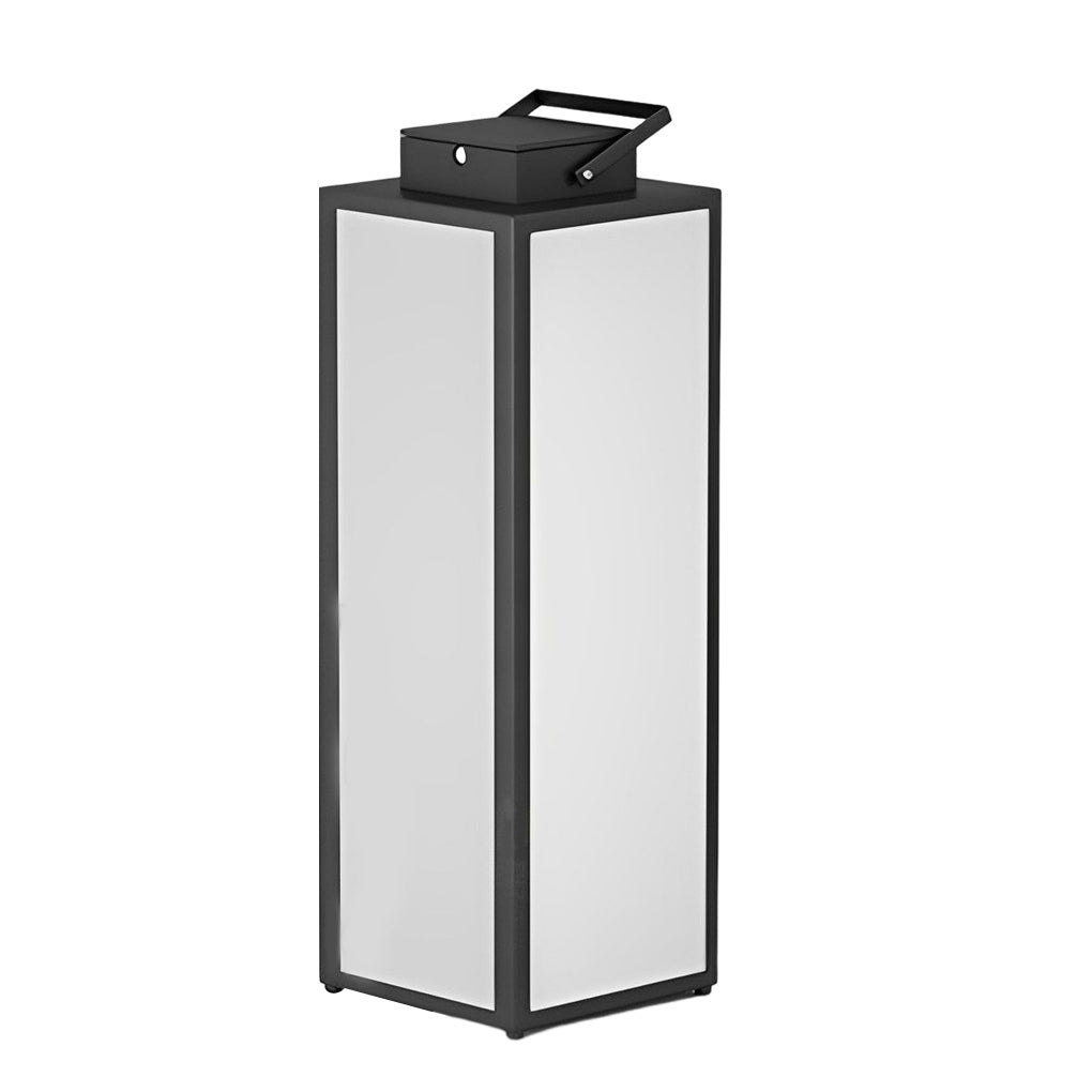 Square handheld lantern with black frame and frosted glass on white background.