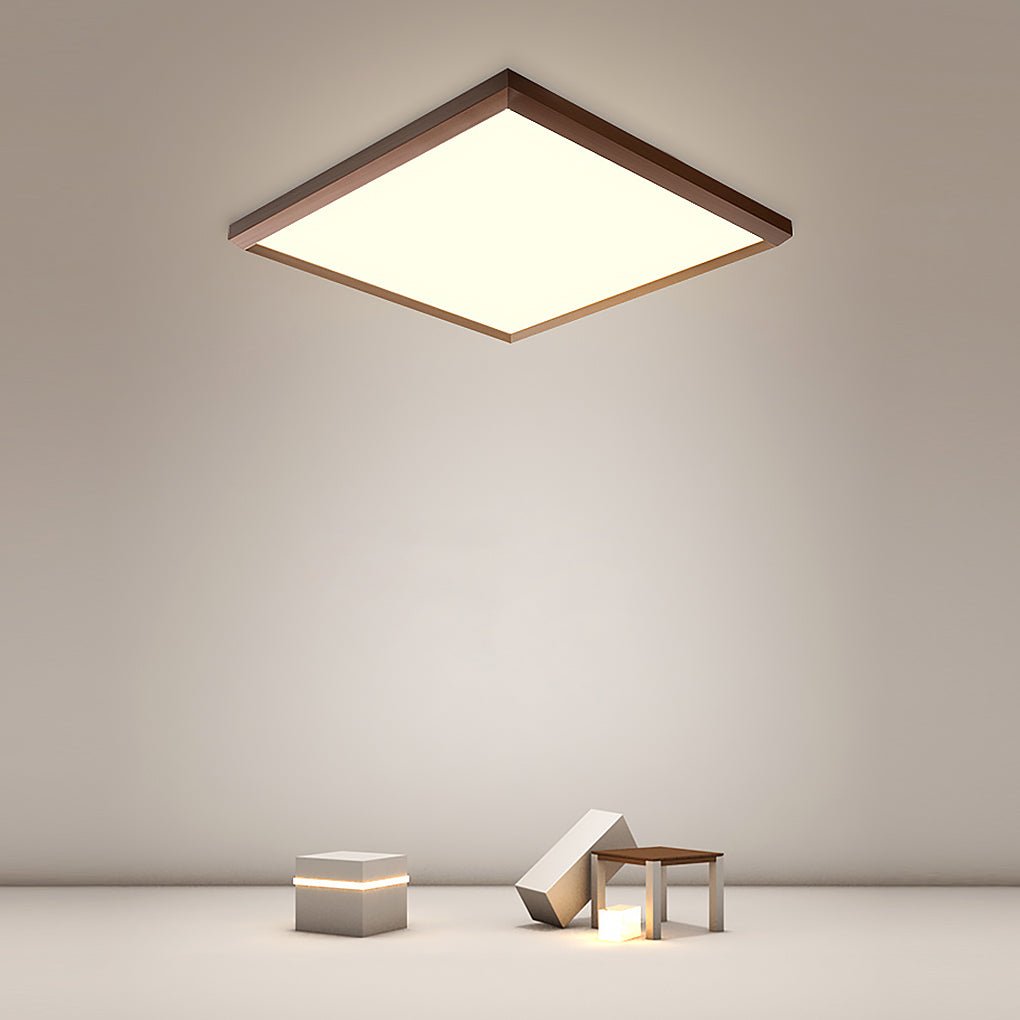 Square Modern Flush Mount Lighting Brown Frame Dimmable LED Ceiling Lights with Remote - Dazuma