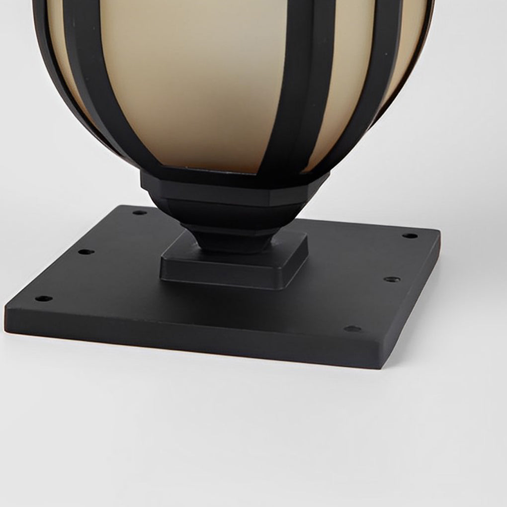 The square mounting base detail of a black vintage outdoor pillar lantern on white background.