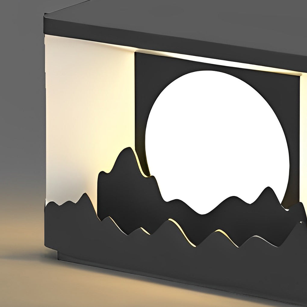 Square outdoor pillar lights with a close-up of the light fixture and mountain cutout.