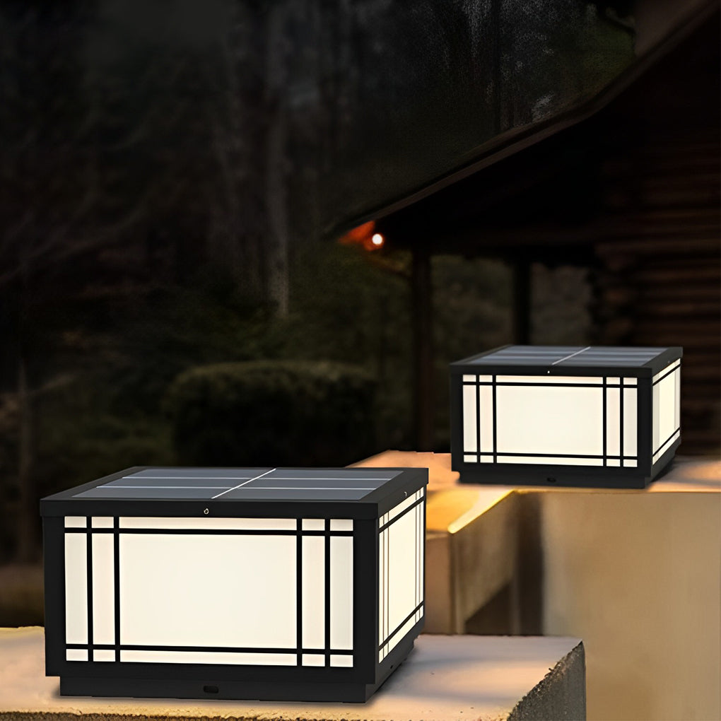 Square pillar light positioned on outdoor steps, creating soft guidance lighting for stairs and elevation changes.