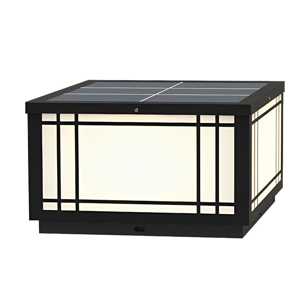 Square pillar light product display showing illuminated glass panels and structured metal frame from a front angle.