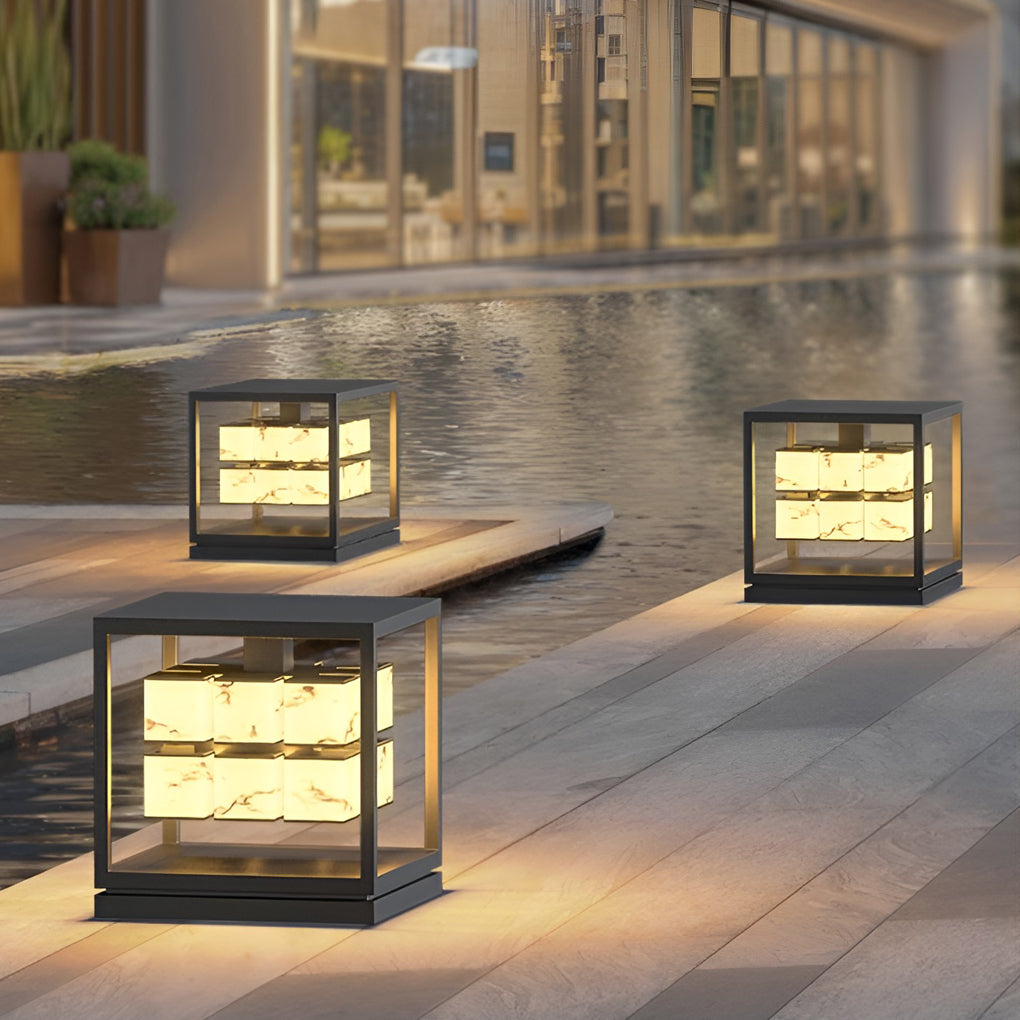 Square solar pillar lights in modern outdoor yard
